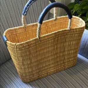 Tan and Blue Woven Tote Bag with Basket-Weave Design